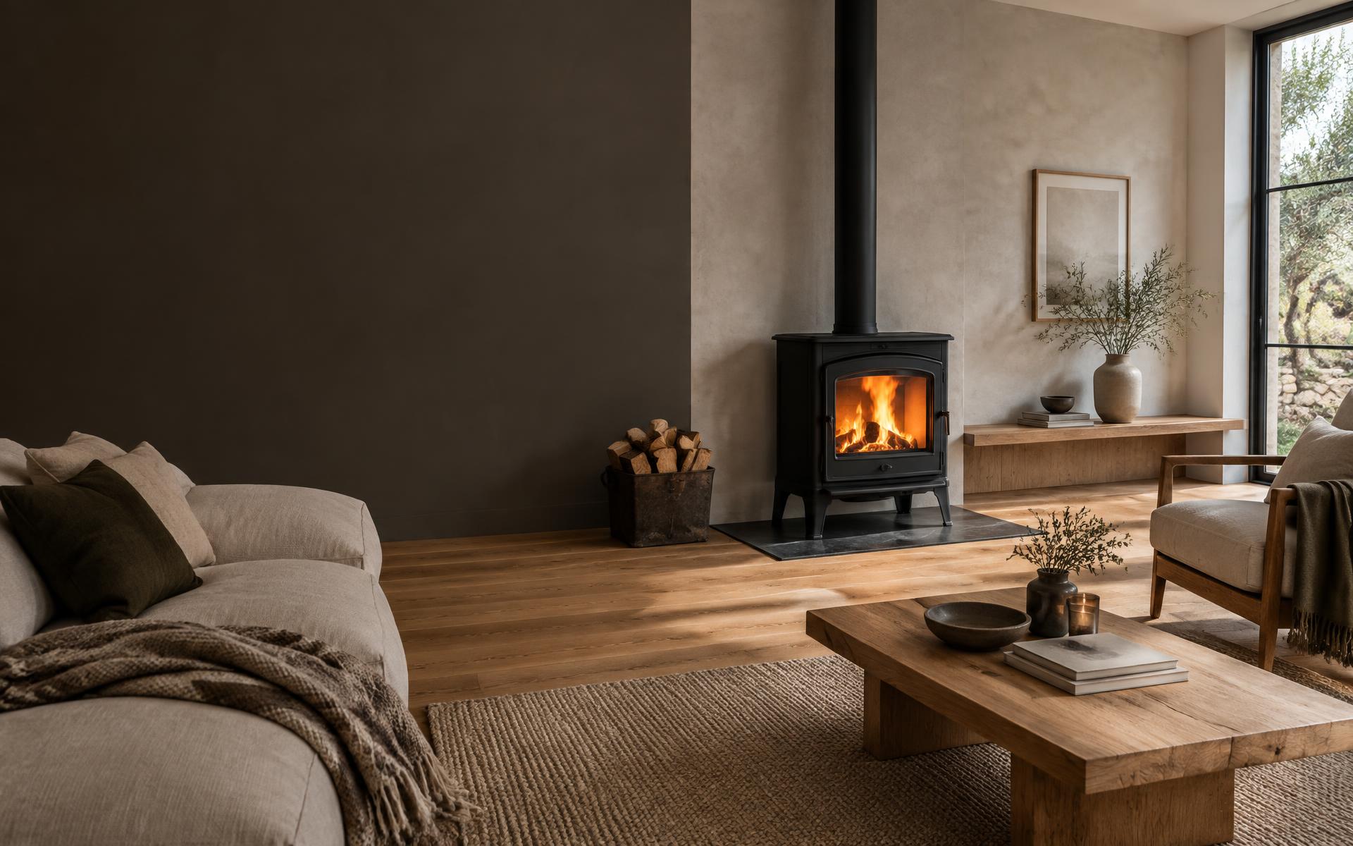 Brandende houtkachel in een moderne woonkamer